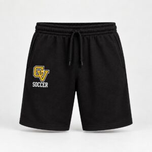 Black CV Soccer fleece shorts with gold CV logo and SOCCER on the left leg