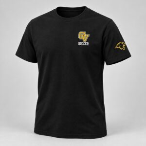 Black CV Soccer t-shirt with left-chest CV Soccer logo and Cougar head on the left sleeve