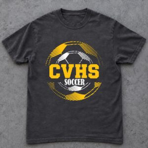 Black CVHS Soccer t-shirt with gold CVHS lettering over a gold and white soccer ball graphic