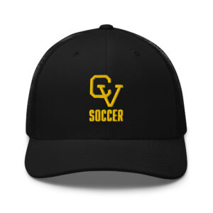 Black curved-bill trucker hat with gold embroidered CV Soccer logo, front