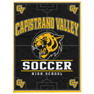Capistrano Valley Soccer High School 60x80 throw blanket with gold Cougar, CV logos and soccer field design