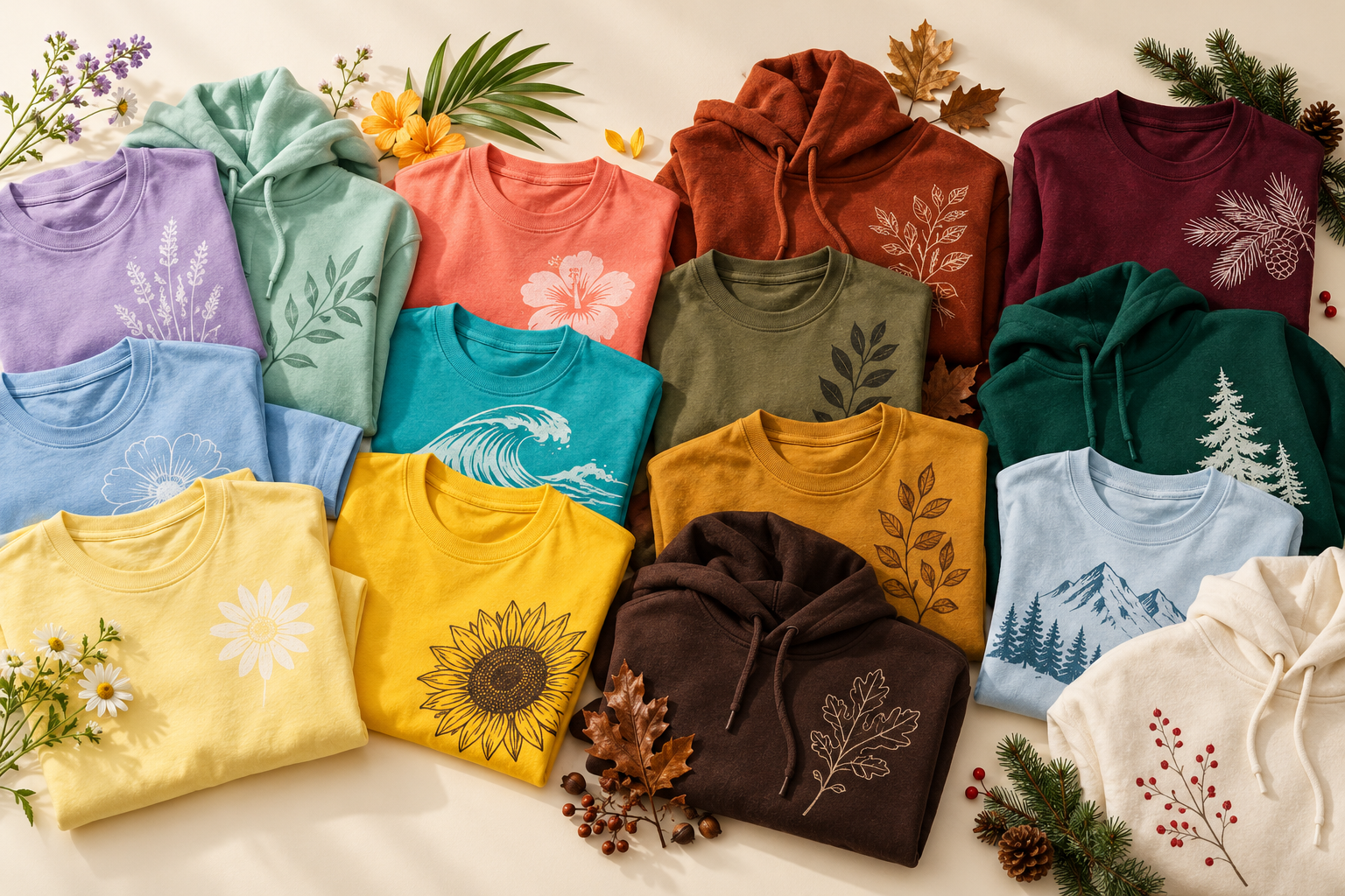 A table full of shirts the are colored differently to reflect the seasons of the year