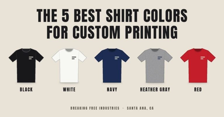 Five custom printed t-shirts in black, white, navy, heather gray and red